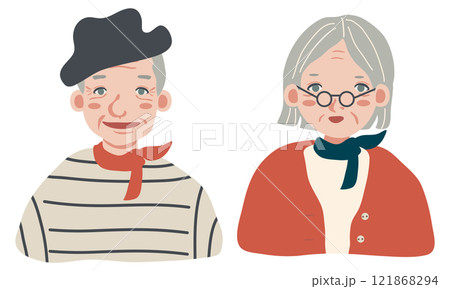 おしゃれでかわいいシニアのカップルのイラスト おしゃれでかわいいシニアのカップルのイラスト 121868294