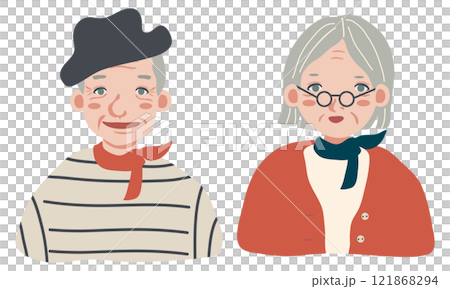 おしゃれでかわいいシニアのカップルのイラスト おしゃれでかわいいシニアのカップルのイラスト 121868294