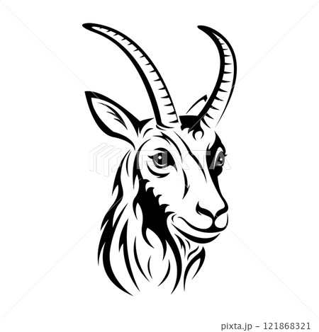 Stylized black and white vector illustration of a chamois head, perfect for nature, wildlife animal, and animal-themed designs. 121868321