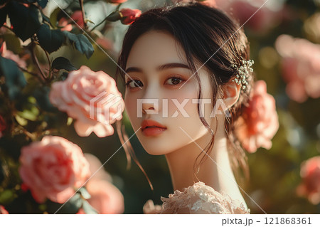 薔薇の花に囲まれた美女 121868361