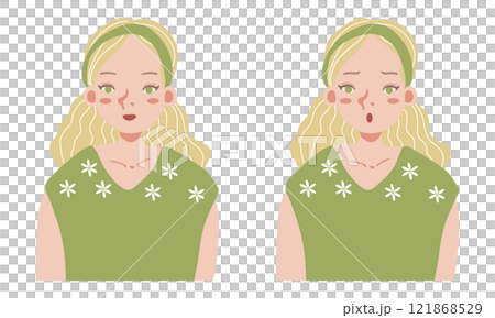 Blonde woman upper body icon set (smiling and worried face) 121868529