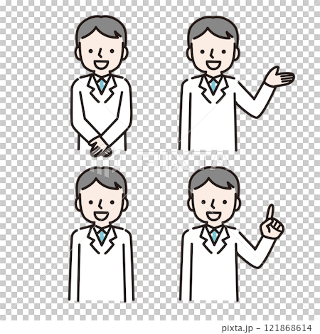 笑顔で案内する白衣姿の男性（上半身）：イラスト素材 121868614
