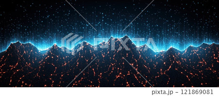 Glowing particles rising from mountain range at night Glowing particles rising from mountain range at night 121869081