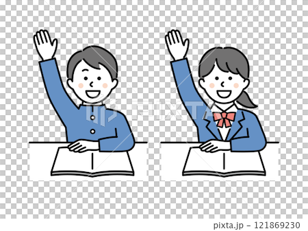 Male and female students raising their hands 121869230
