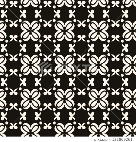 Simple minimalist geometric seamless pattern. Abstract monochrome minimal background with small floral shapes. Subtle repeat design for decor, print. 121869261