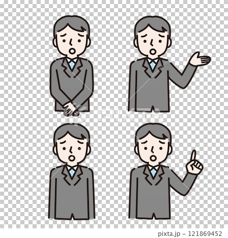 一個穿著西裝、一臉困擾的男人：插畫素材上半身 121869452