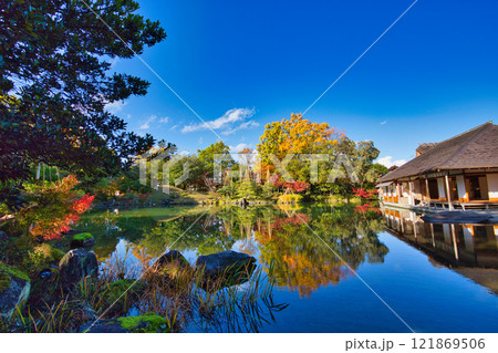 　養浩館庭園の雪吊りと紅葉風景 121869506