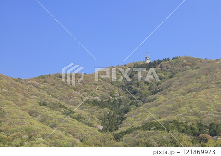 快晴の青空の下、若葉と山桜に彩られた、春の茨城県の宝篋山（ほうきょうさん） 121869923
