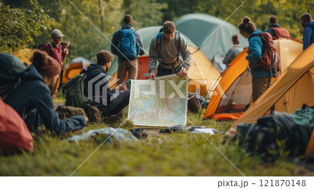 A group of campers gathers around a map in a lush outdoor setting. This scene conveys adventure and teamwork in nature. Explore the great outdoors. Generative AI A group of campers gathers around a map in a lush outdoor setting. This scene conveys adventure and teamwork in nature. Explore the great outdoors. Generative AI 121870148