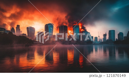 A dramatic skyline with buildings engulfed in flames. The fiery colors reflect in the serene water. Witness the contrast of destruction and calmness. Generative AI 121870149