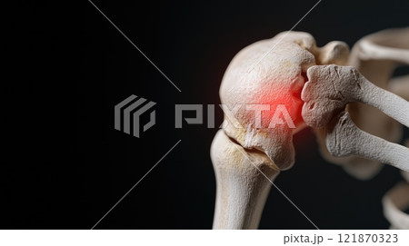 Joint distress: visual representation of shoulder pain, red glowing area to indicate location of discomfort, emphasizing the impact of injuries or conditions on physical well-being and functionality. 121870323