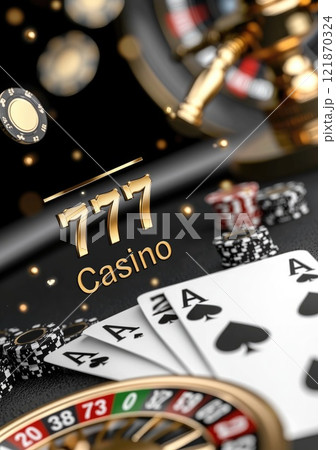 Casino thrill: immersive world of poker, roulette, and iconic 777 symbols, showcasing excitement of chips and cards in vibrant atmosphere of chance, strategy, endless entertainment 121870324