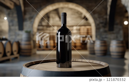 Sophisticated setting: empty label wine bottle against barrels in grand room with arched ceilings, minimalist design that highlights beauty of simplicity and allure of fine beverages. Sophisticated setting: empty label wine bottle against barrels in grand room with arched ceilings, minimalist design that highlights beauty of simplicity and allure of fine beverages. 121870332