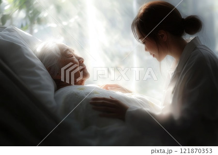Caring hand: nurse providing retired individual essential aid, compassionate healthcare, emotional comfort, practical help, fostering dignity, ensuring comfort, elderly support, nurturing home. Caring hand: nurse providing retired individual essential aid, compassionate healthcare, emotional comfort, practical help, fostering dignity, ensuring comfort, elderly support, nurturing home. 121870353