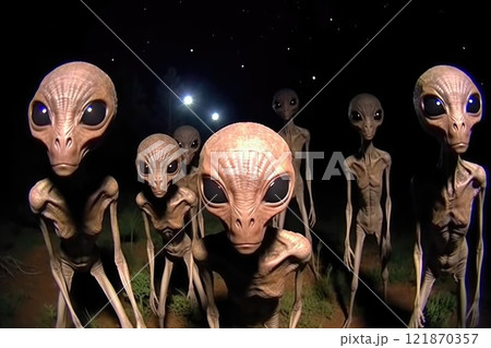 Alien encounter: a portrait capturing mystery of UFO sightings, extraterrestrial presence, unknown, highlighting humanity curiosity and intrigue with possible life beyond Earth Alien encounter: a portrait capturing mystery of UFO sightings, extraterrestrial presence, unknown, highlighting humanity curiosity and intrigue with possible life beyond Earth 121870357