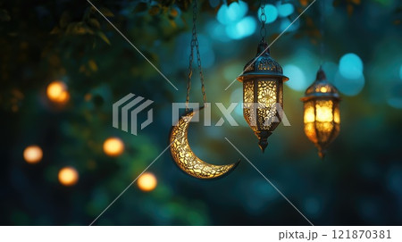 Celestial journey: celebrating significance of Happy Isra Miraj, honoring the miraculous night ascension and spiritual journey of Prophet Muhammad, reflecting divine encounters, spiritual elevation. 121870381