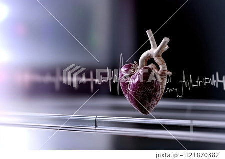 Cardiogram banner: heart graphic, health focus, pulse theme, lifeline pattern, medical representation, cardiac rhythm, heartbeat design, wellness highlight, healthcare awareness, fitness connection. 121870382
