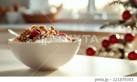 Nutritious delight: a bowl filled with granola, fresh fruit, and creamy Greek yogurt, offering a perfect blend of flavors, making it an excellent choice for a wholesome snack or a balanced breakfast. 121870383