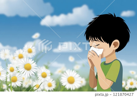 Allergy to plants concept: seasonal bloom, floral trigger, respiratory irritation, red eye, nasal sneeze, environmental factor, pollen spread, immune defense, sensitive symptom, spring condition. 121870427