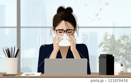 Ill girl: working hard, office productivity, battling sickness, focused effort, commitment at work, workplace challenge, determination despite illness, professional attitude, . 121870438