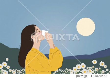 Seasonal allergy illustration: blooming plant, pollen spread, irritated eye, nasal discomfort, immune reaction, springtime issue, airborne allergen, sensitive response, sneezing symptom. 121870448