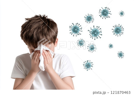 Cold symptoms display: sick individual, tissue use, virus prevention, protective mask, sneezing action, illness indication, respiratory care, germ spread, personal hygiene focus, seasonal ailment. Cold symptoms display: sick individual, tissue use, virus prevention, protective mask, sneezing action, illness indication, respiratory care, germ spread, personal hygiene focus, seasonal ailment. 121870463