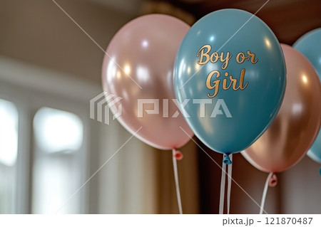 Gender celebration, a joyful party with pink and blue, a heartfelt moment of excitement and togetherness as the boy or girl reveal becomes a cherished part of the family celebration. 121870487