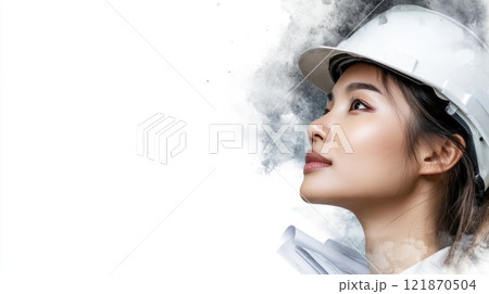 A woman in a hard hat looks upward with a focused expression, representing ambition and strength in a potential construction or engineering environment, symbolizing progress 121870504