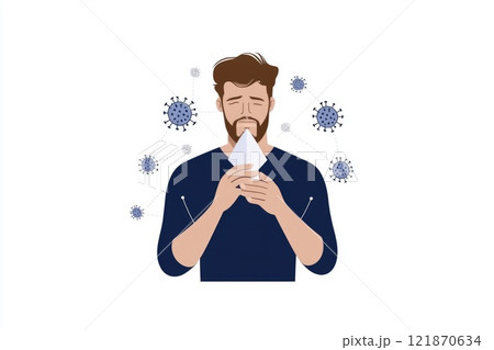 Sick individual moment: sneezing act, tissue aid, mask barrier, virus defense, cold relief, respiratory concern, illness prevention, germ reduction, personal care, seasonal condition response. 121870634
