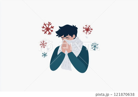 Cold symptoms display: sick individual, tissue use, virus prevention, protective mask, sneezing action, illness indication, respiratory care, germ spread, personal hygiene focus, seasonal ailment. 121870638
