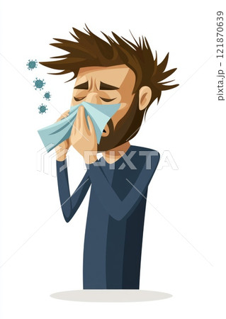 Cold symptoms display: sick individual, tissue use, virus prevention, protective mask, sneezing action, illness indication, respiratory care, germ spread, personal hygiene focus, seasonal ailment. Cold symptoms display: sick individual, tissue use, virus prevention, protective mask, sneezing action, illness indication, respiratory care, germ spread, personal hygiene focus, seasonal ailment. 121870639