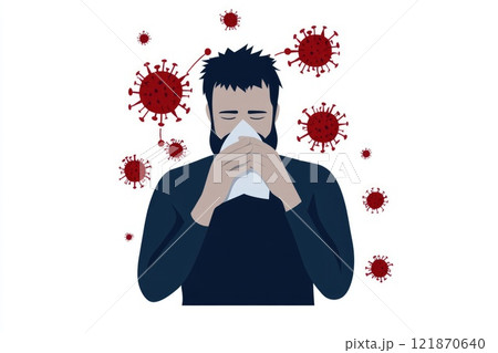 Cold symptoms display: sick individual, tissue use, virus prevention, protective mask, sneezing action, illness indication, respiratory care, germ spread, personal hygiene focus, seasonal ailment. 121870640