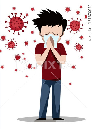 Sick individual moment: sneezing act, tissue aid, mask barrier, virus defense, cold relief, respiratory concern, illness prevention, germ reduction, personal care, seasonal condition response. Sick individual moment: sneezing act, tissue aid, mask barrier, virus defense, cold relief, respiratory concern, illness prevention, germ reduction, personal care, seasonal condition response. 121870653