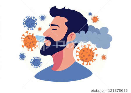 Sick individual moment: sneezing act, tissue aid, mask barrier, virus defense, cold relief, respiratory concern, illness prevention, germ reduction, personal care, seasonal condition response. Sick individual moment: sneezing act, tissue aid, mask barrier, virus defense, cold relief, respiratory concern, illness prevention, germ reduction, personal care, seasonal condition response. 121870655