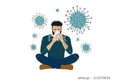 Cold symptoms display: sick individual, tissue use, virus prevention, protective mask, sneezing action, illness indication, respiratory care, germ spread, personal hygiene focus, seasonal ailment. 121870656