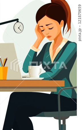 Ill girl: working hard, office productivity, battling sickness, focused effort, commitment at work, workplace challenge, determination despite illness, professional attitude, . 121870659