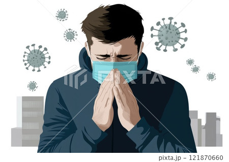 Sick individual moment: sneezing act, tissue aid, mask barrier, virus defense, cold relief, respiratory concern, illness prevention, germ reduction, personal care, seasonal condition response. 121870660