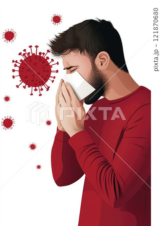 Cold symptoms display: sick individual, tissue use, virus prevention, protective mask, sneezing action, illness indication, respiratory care, germ spread, personal hygiene focus, seasonal ailment. 121870680