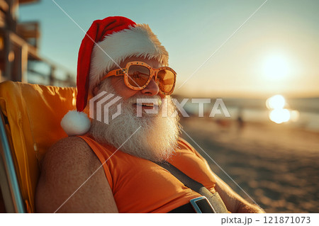 Santa in sunglasses relaxes on a beach chair at sunset, smiling in a red hat. Concept of holiday, relaxation, and warmth. 121871073