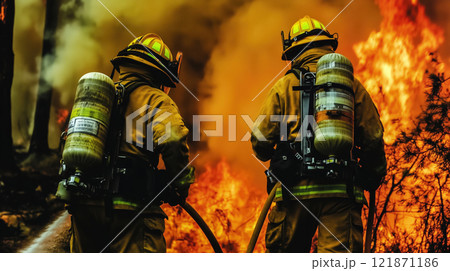 Close-up from behind of two wildfirefighters battling a wildfire. The fire is blazing while the wildfire is burning in the foreground. Created with Generative AI. Close-up from behind of two wildfirefighters battling a wildfire. The fire is blazing while the wildfire is burning in the foreground. Created with Generative AI. 121871186