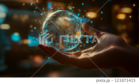 人間の手の上で浮かぶ発光する球体、デジタルラインと光の粒子が輝く 121871415