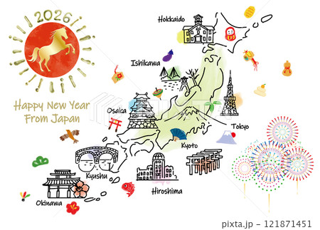 日本の観光地のイラストマップ年賀状2026年 121871451
