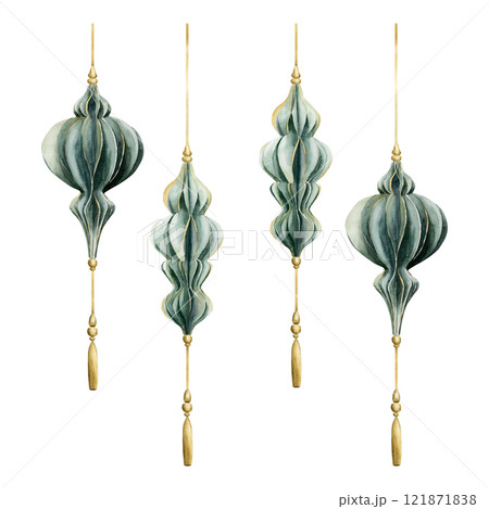 Hanging decorations. Turquoise sage blue green paper or wooden lanterns. Watercolor hand painted isolated illustration for greeting card, invitation of Ramadan Kareem, Muslim holiday, Eid Mubarak 121871838
