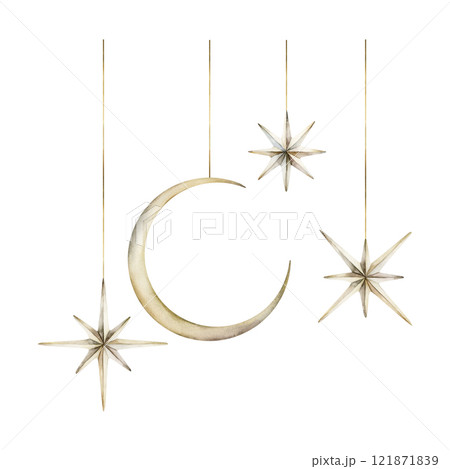 Hanging decorative crescent moon and stars. Watercolor hand drawn illustration set isolated on white background for Muslim holiday, Ramadan Kareem, Eid Al Fitr, Al Adha, nursery design, baby shower 121871839