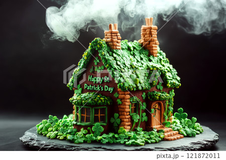 A small, decorative house made of confectionery with "Happy St. Patrick's Day" text, surrounded by clovers. Concept of festive celebration and creativity. A small, decorative house made of confectionery with "Happy St. Patrick's Day" text, surrounded by clovers. Concept of festive celebration and creativity. 121872011