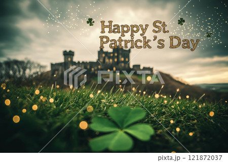 Grass and clover in foreground with castle in the distance, festive lights. Concept of celebration, nature, and history. Grass and clover in foreground with castle in the distance, festive lights. Concept of celebration, nature, and history. 121872037