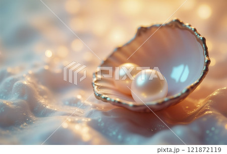 Elegant pearls in a golden seashell on shimmering surface 121872119