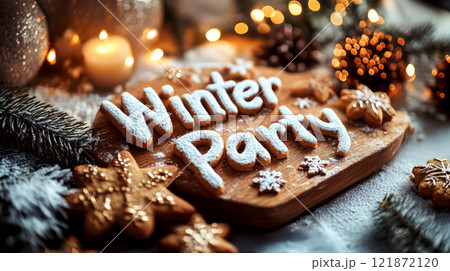 Cookies shaped as letters spelling "Winter Party" on a wooden board. Concept of festivity and holiday celebration. 121872120