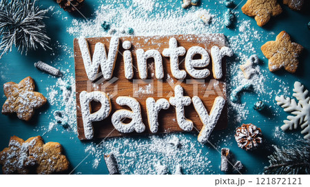 "Winter Party" text on a wooden sign surrounded by powdered snow and cookies. Concept of celebration, winter, festive season. 121872121
