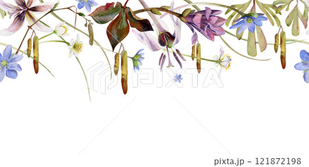 Spring flowers branch with catkins, blue hepatica forget-me-not, white forest anemone, trout lily, corydalis hand drawn in watercolor. Seamless banner illustration. Wedding, florist shop, stationery 121872198